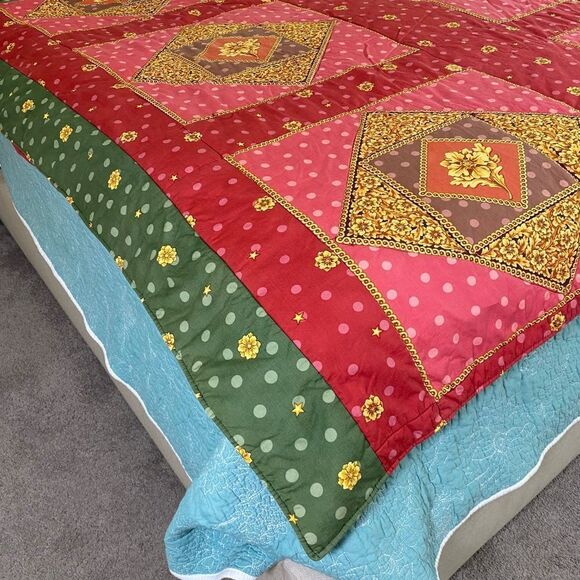 Quilt Full/Queen East Indian inspired pink gold floral poka dots - Picture 3 of 9